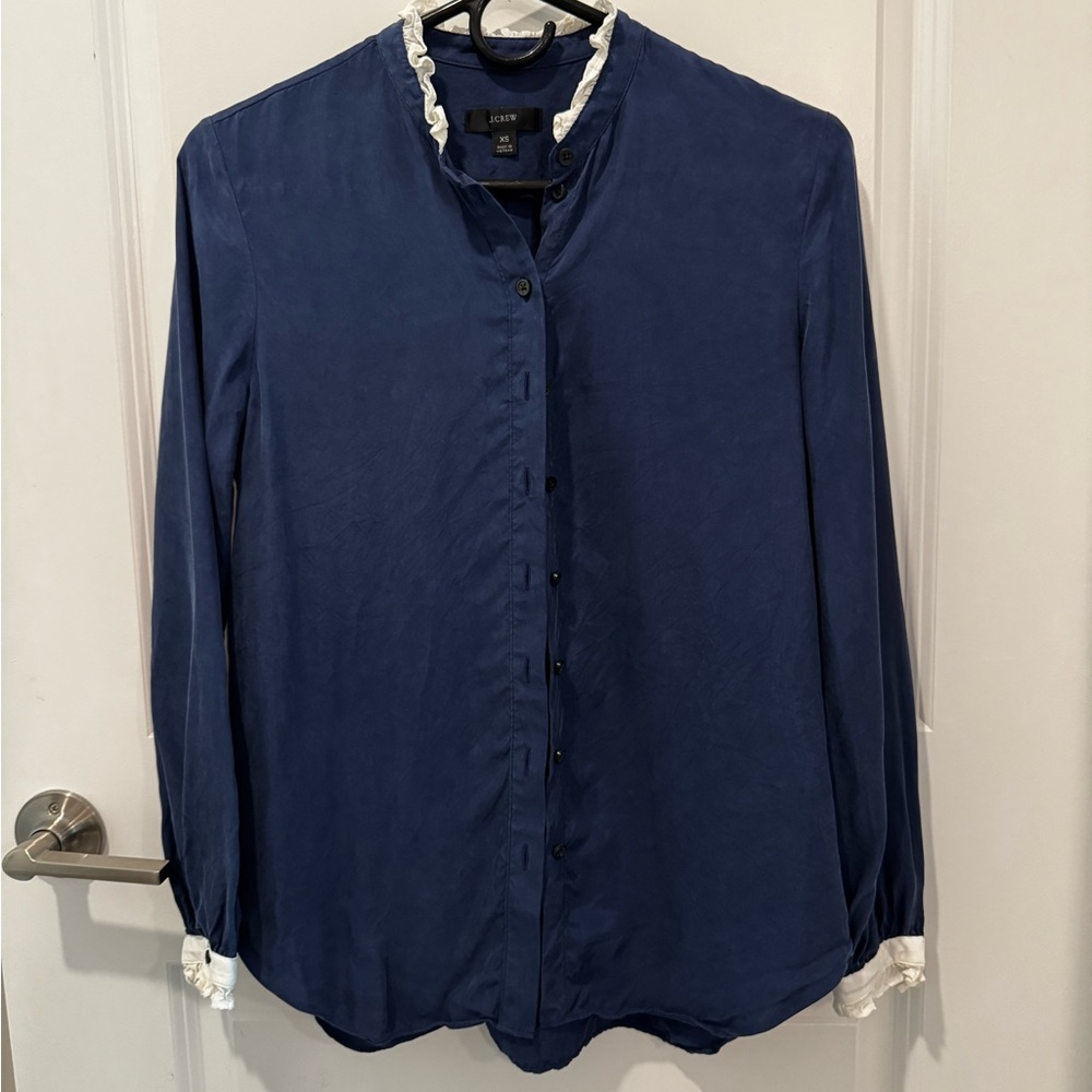 J. Crew Blue Long Sleeve Ruffled Blouse